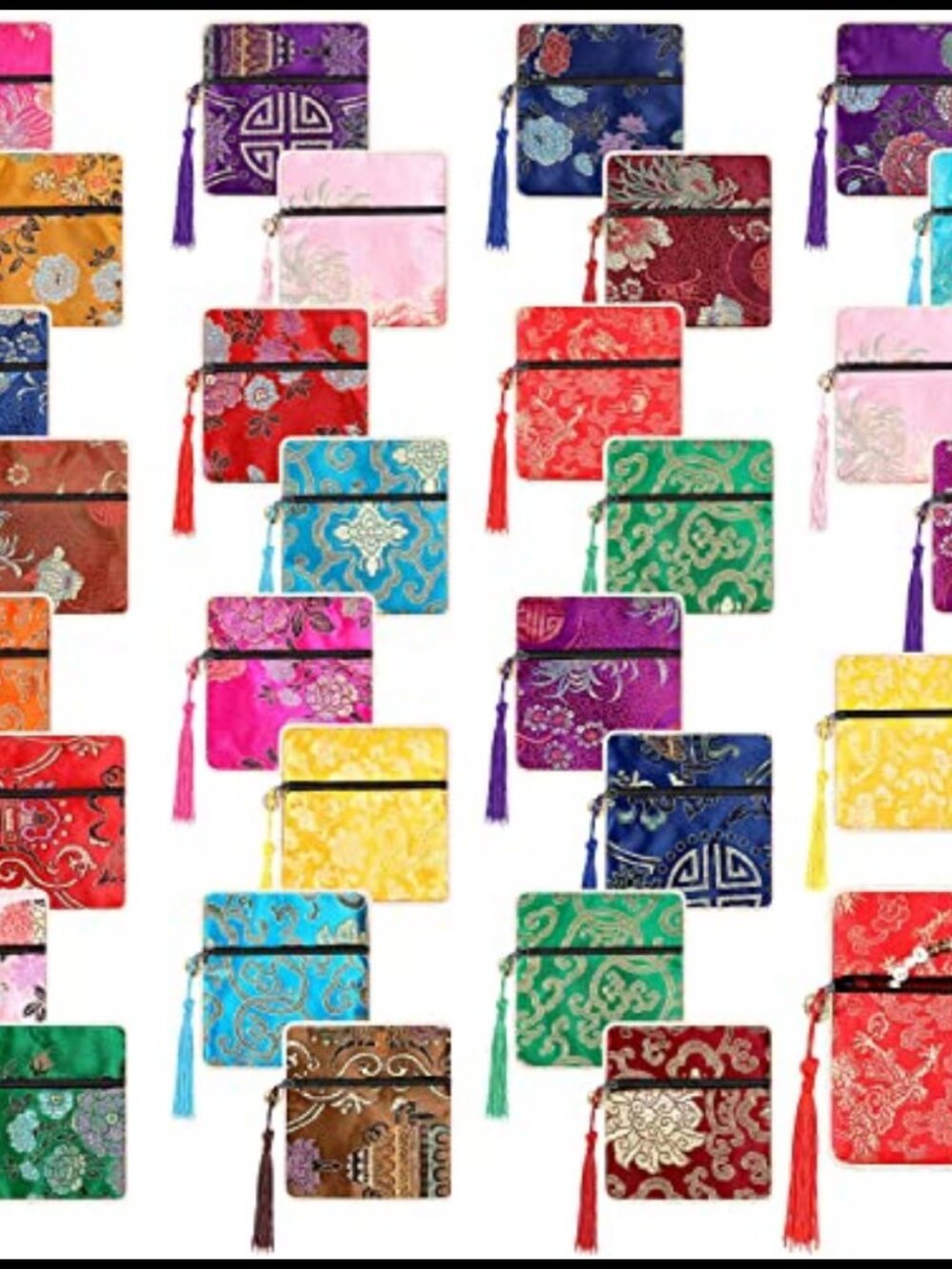 Chinese Silk Brocade Coin Purse Pouch Set with Zipper Tassel
